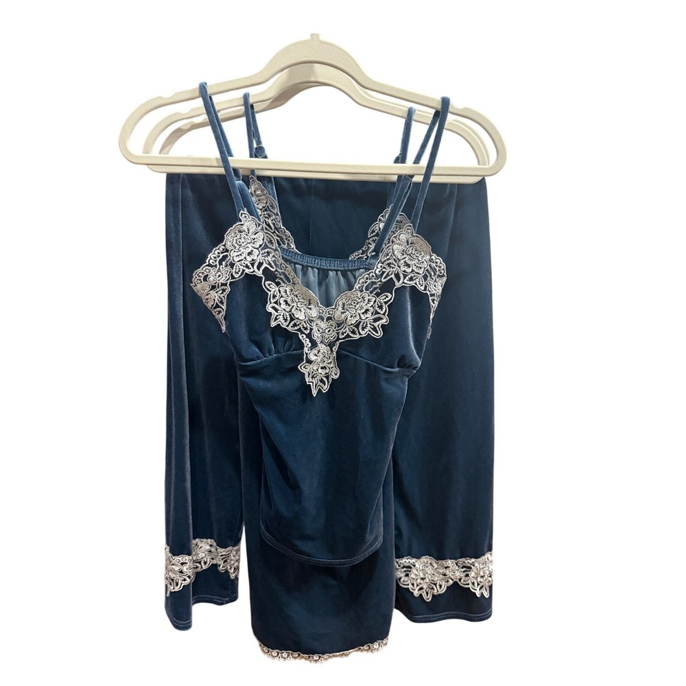 3pc Velvet Pajama Set Cami Capri Lace Trim Teal Blue Lounge Vintage Clothes